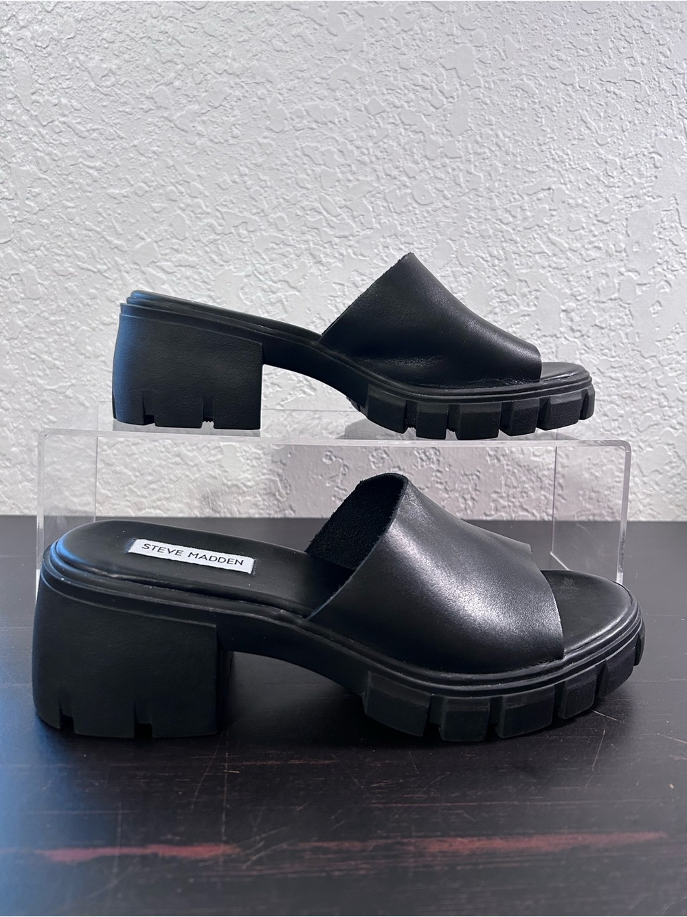 Steve Madden BEEKLY Black Leather Platform Chunky Mules Sandals Shoes Size 8